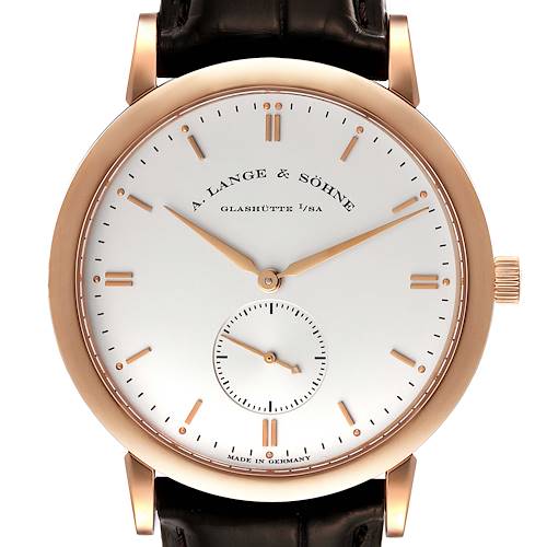 The image shows a front view of the A. Lange & Sohne Saxonia 215.032 Men's Rose Gold Silver Dial model watch, highlighting the dial, hands, and case.