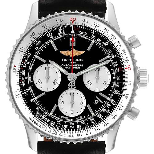 The image shows a frontal view of a Breitling Navitimer AB0120 Men's Stainless Steel Black Dial AB0120 Men's Stainless Steel Black Dial watch, displaying its dial, bezel, and chronograph subdials.