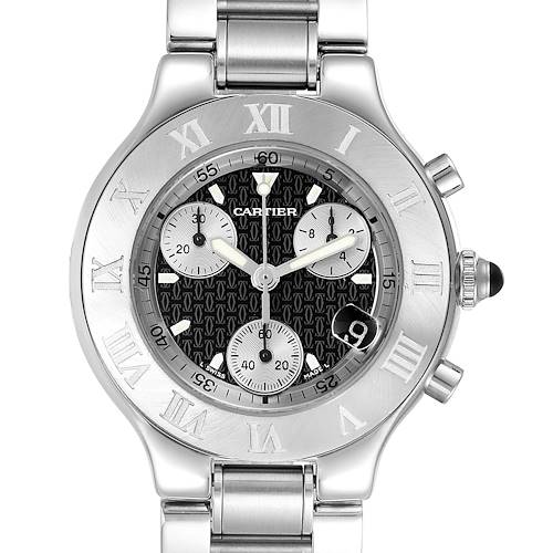 The image shows a frontal view of a Cartier Must 21 Chronoscaph W10172T2 Men's Stainless Steel Black Dial W10172T2 Men's Stainless Steel Black Dial watch, displaying the dial, bezel, and part of the bracelet.