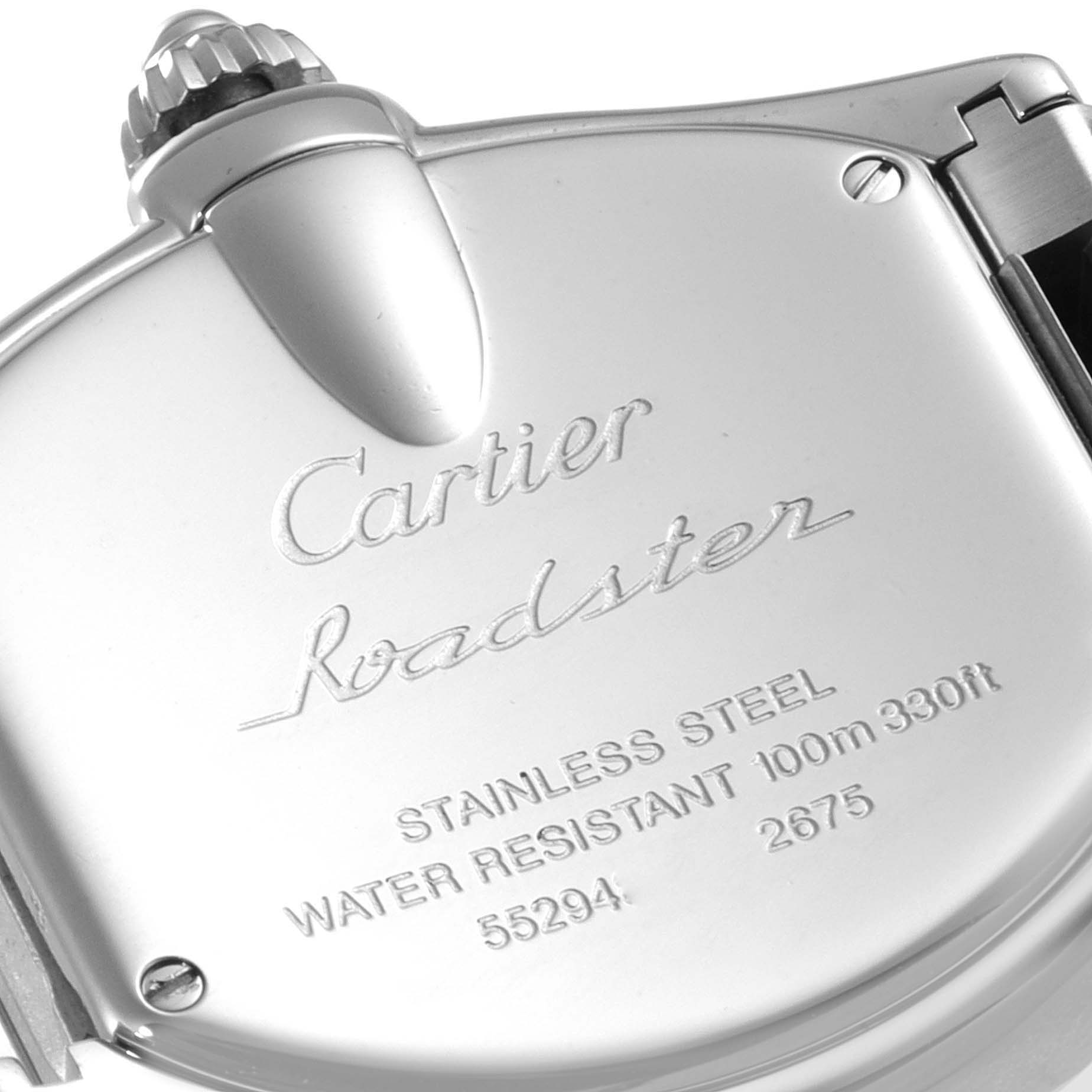 The image shows the back case of a Cartier Roadster W62016V3 Women's Stainless Steel Silver Dial W62016V3 Women's Stainless Steel Silver Dial watch, highlighting the brand, model, and specifications engraved on it.