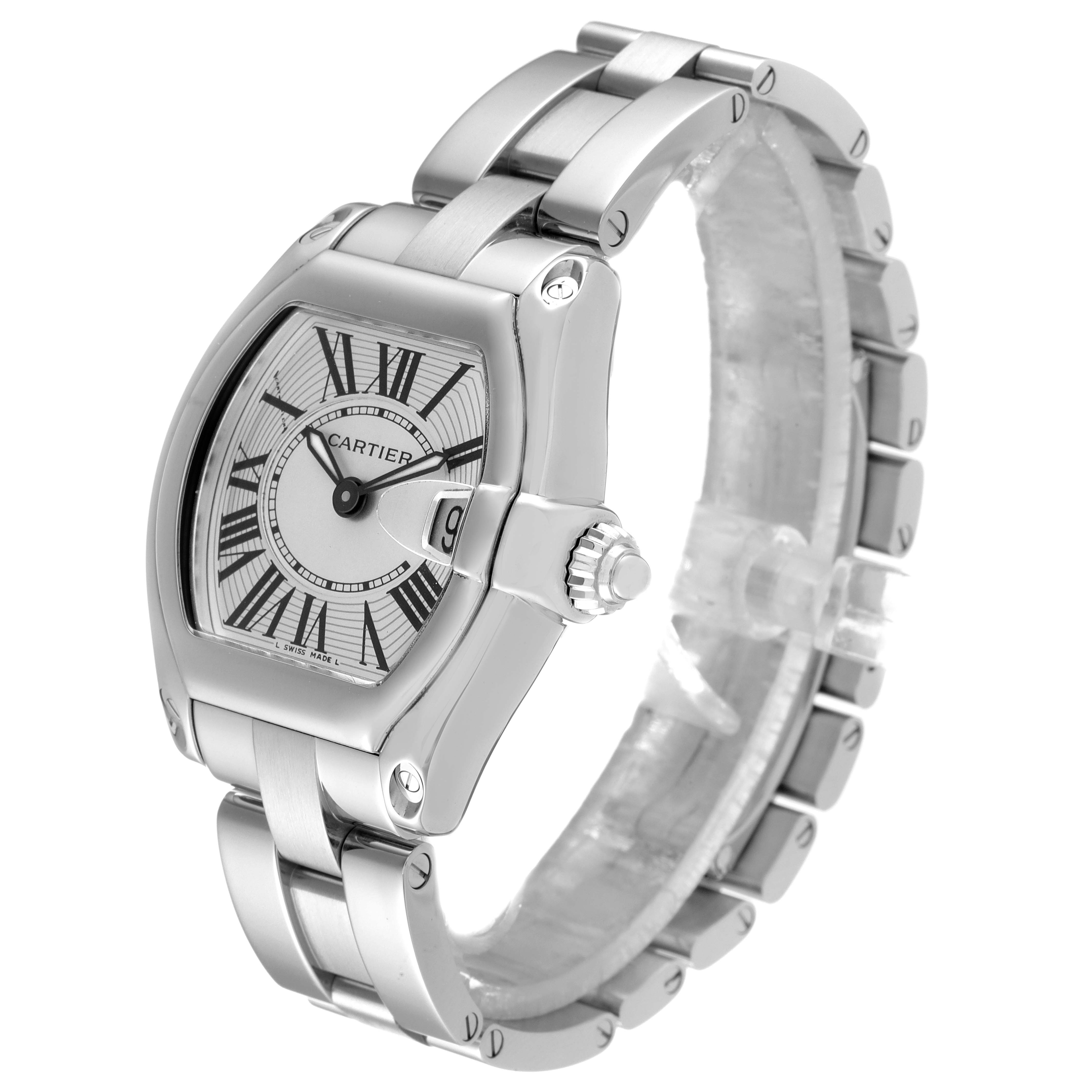 The image shows a Cartier Roadster W62016V3 Women's Stainless Steel Silver Dial W62016V3 Women's Stainless Steel Silver Dial watch, angled to display the face, winder, and part of the bracelet.
