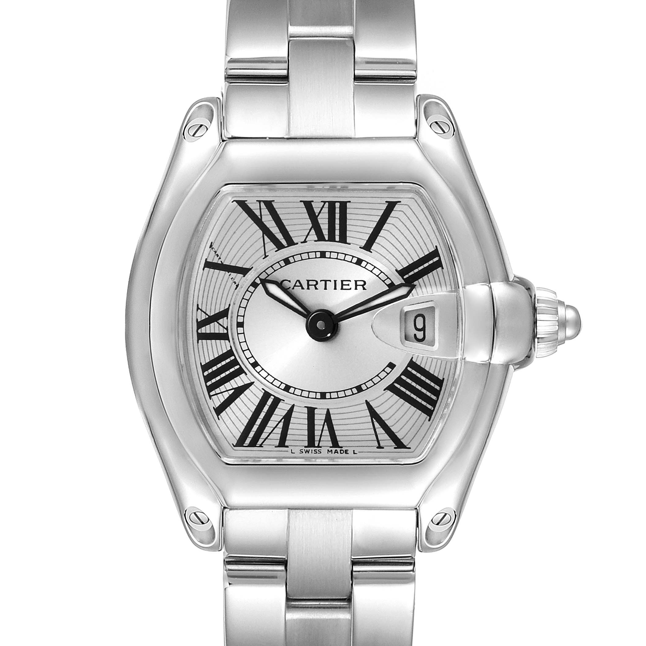 The image shows a front view of the Cartier Roadster W62016V3 Women's Stainless Steel Silver Dial W62016V3 Women's Stainless Steel Silver Dial watch, highlighting the dial, case, and bracelet.