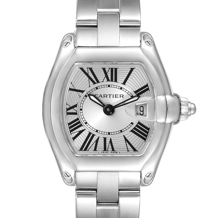 The image shows a front view of the Cartier Roadster W62016V3 Women's Stainless Steel Silver Dial W62016V3 Women's Stainless Steel Silver Dial watch, highlighting the dial, case, and bracelet.