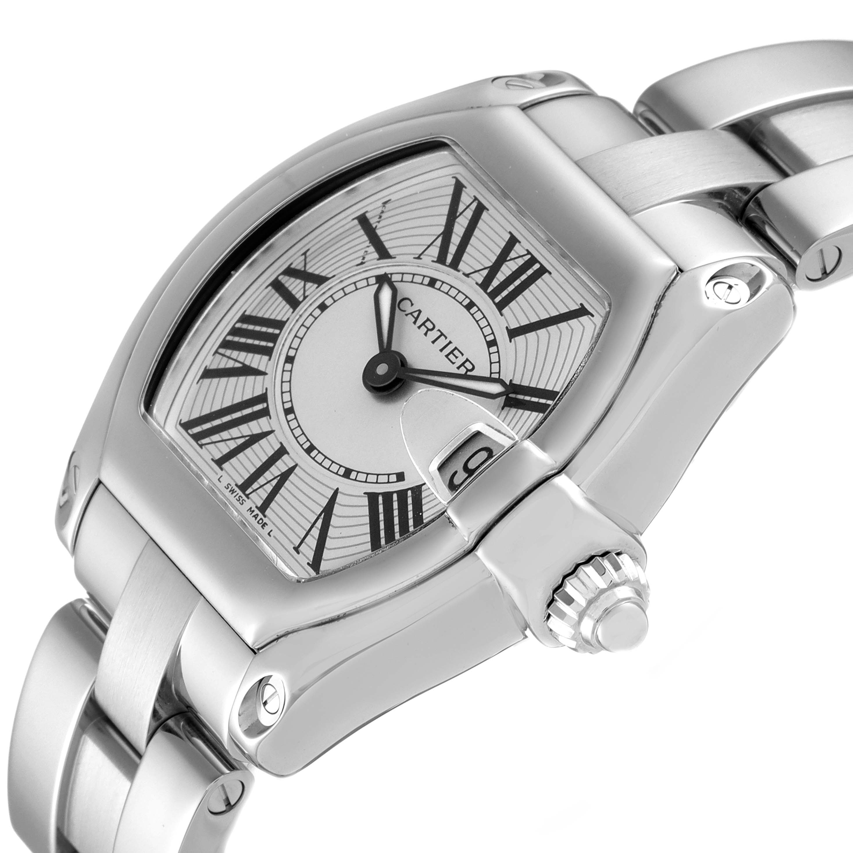 The image shows a close-up angle of the Cartier Roadster W62016V3 Women's Stainless Steel Silver Dial W62016V3 Women's Stainless Steel Silver Dial watch, highlighting the dial, crown, and part of the bracelet.