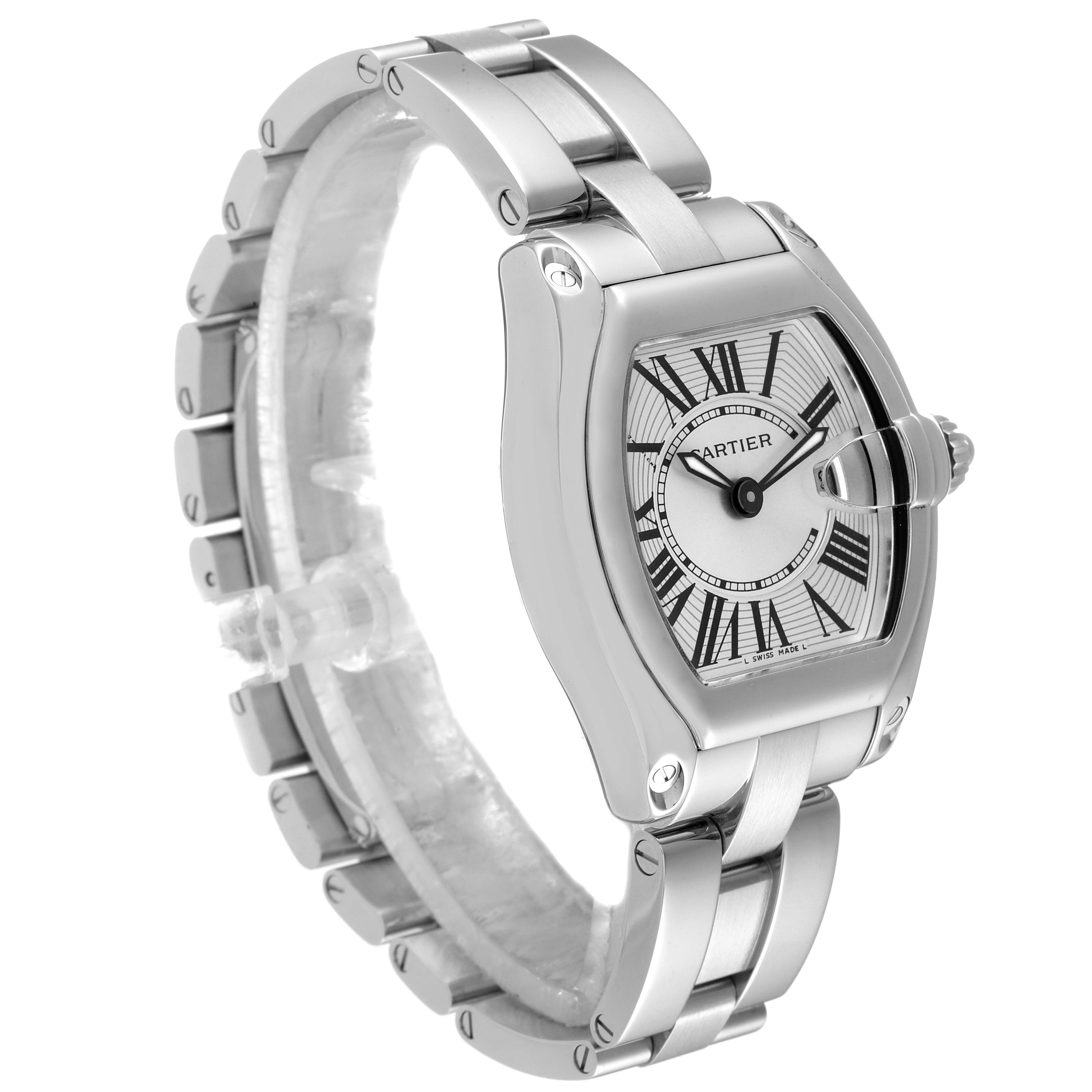 The Cartier Roadster W62016V3 Women's Stainless Steel Silver Dial W62016V3 Women's Stainless Steel Silver Dial watch is shown from an angle highlighting its face and bracelet, displaying its Roman numeral dial and polished links.