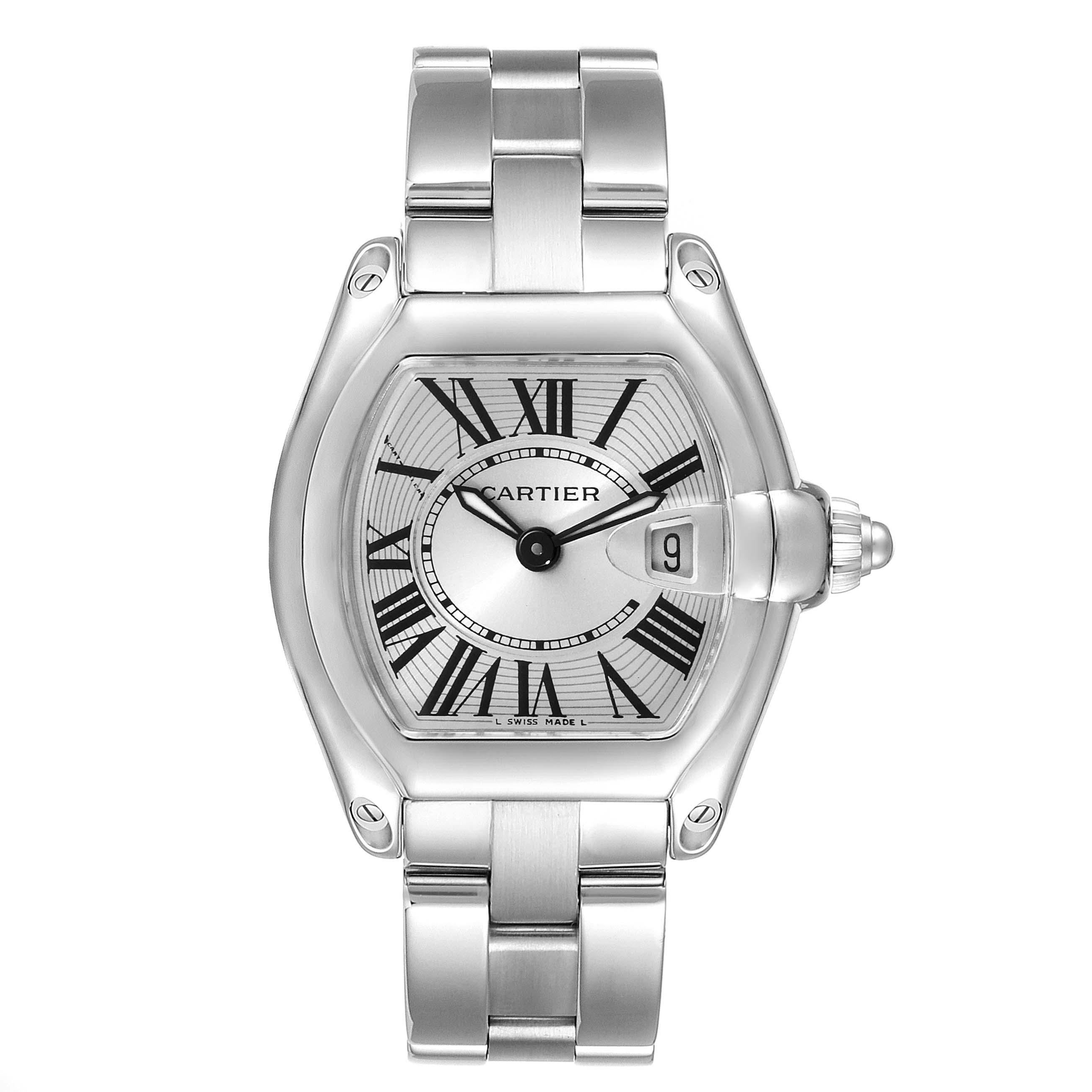 The image shows a front view of the Cartier Roadster W62016V3 Women's Stainless Steel Silver Dial W62016V3 Women's Stainless Steel Silver Dial watch, highlighting the dial, bezel, bracelet, and crown.