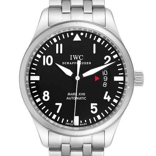 The image shows a front view of the IWC Pilot IW326504 Men's Stainless Steel Black Dial IW326504 Men's Stainless Steel Black Dial model Mark XVII, displaying the watch face, bezel, and part of the bracelet.