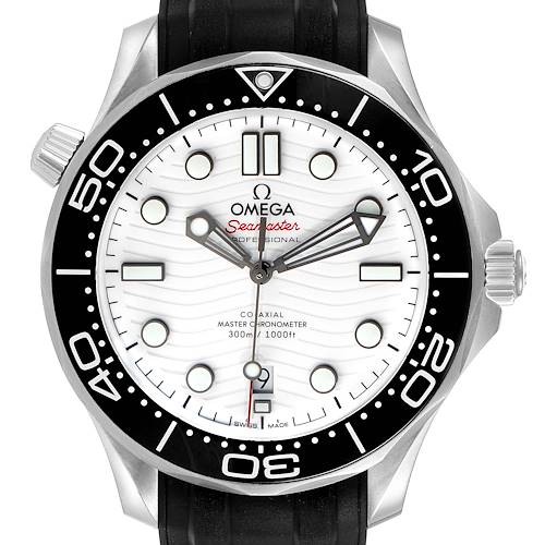 The image shows a front view of an Omega Seamaster 210.32.42.20.04.001 Men's Stainless Steel White Dial 210.32.42.20.04.001 Men's Stainless Steel White Dial watch with a white dial and black bezel.