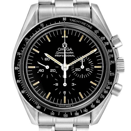 This image shows a front view of the Omega Speedmaster 3590.50.00 Men's Stainless Steel Black Dial 3590.50.00 Men's Stainless Steel Black Dial Professional watch, highlighting its dial and tachymeter bezel.