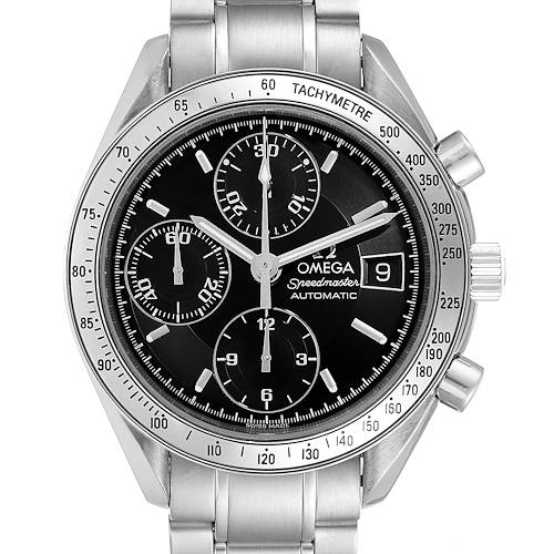 This image shows a frontal view of the Omega Speedmaster 3513.50.00 Men's Stainless Steel Black Dial 3513.50.00 Men's Stainless Steel Black Dial watch, displaying its dial, chronograph subdials, and tachymeter bezel.