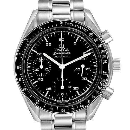 The image shows a front view of an Omega Speedmaster 3510.50.00 Men's Stainless Steel Black Dial 3510.50.00 Men's Stainless Steel Black Dial watch, highlighting its black dial, chronograph sub-dials, and tachymeter bezel.