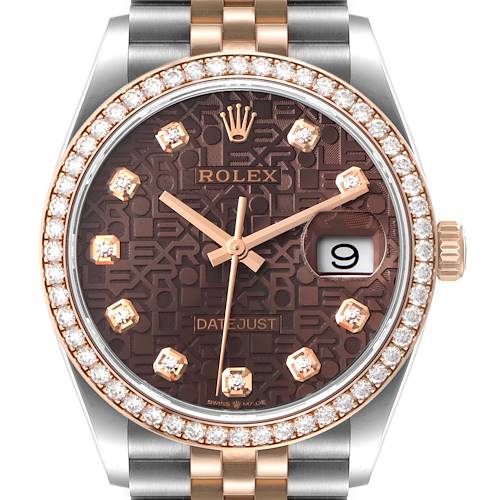 This image shows a close-up of a Rolex Datejust 126281 Men's Steel and Gold (two tone) Brown Dial 126281 Men's Steel and Gold (two tone) Brown Dial watch, featuring a diamond-studded bezel and a patterned dial with date display.
