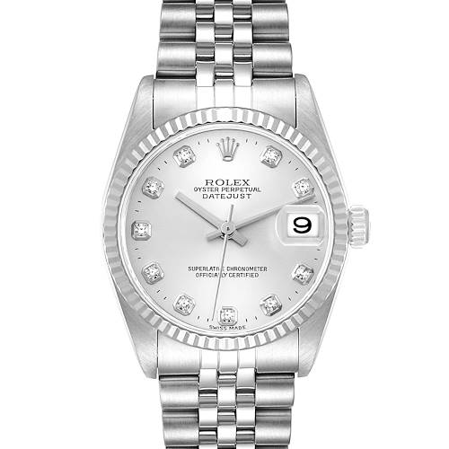 The image shows a front view of a Rolex Datejust Mid-Size, displaying the face, bezel, and bracelet of the watch.