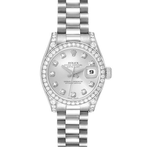 The image shows a front view of a Rolex President 179159 Women's White Gold Silver Dial 179159 Women's White Gold Silver Dial model watch, highlighting the dial, bezel, and bracelet.