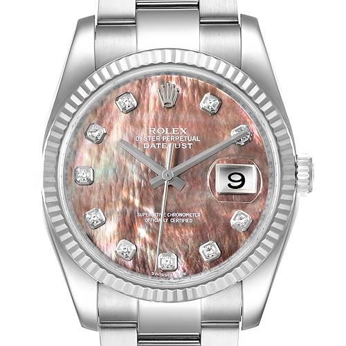 This image shows a frontal view of a Rolex Datejust 116234 Men's Stainless Steel Mother of Pearl Dial 116234 Men's Stainless Steel Mother of Pearl Dial watch, featuring its dial, hands, date window, and bezel.