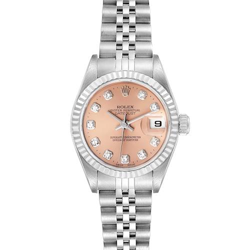This image shows a top-down view of a Rolex Datejust 79174 Women's Stainless Steel Pink Dial 79174 Women's Stainless Steel Pink Dial watch, highlighting its pink dial, diamond hour markers, and Jubilee bracelet.