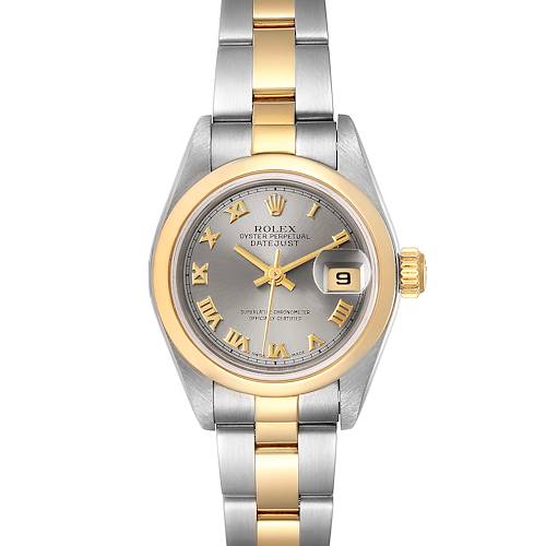 The Rolex Datejust 79163 Women's Steel and Gold (two tone) Grey Dial 79163 Women's Steel and Gold (two tone) Grey Dial watch is shown from a top-down angle, highlighting the dial, bezel, and bracelet.