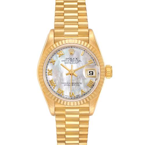 This is a Rolex President 69178 Women's Yellow Gold Mother of Pearl Dial 69178 Women's Yellow Gold Mother of Pearl Dial model watch, shown from a top-down angle highlighting the face, bezel, case, and bracelet.