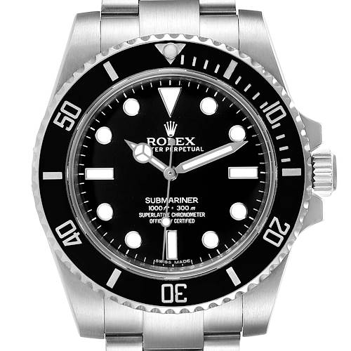 The image shows a front view of a Rolex Submariner 114060 Men's Stainless Steel Black Dial 114060 Men's Stainless Steel Black Dial watch, highlighting the dial, bezel, and part of the bracelet.