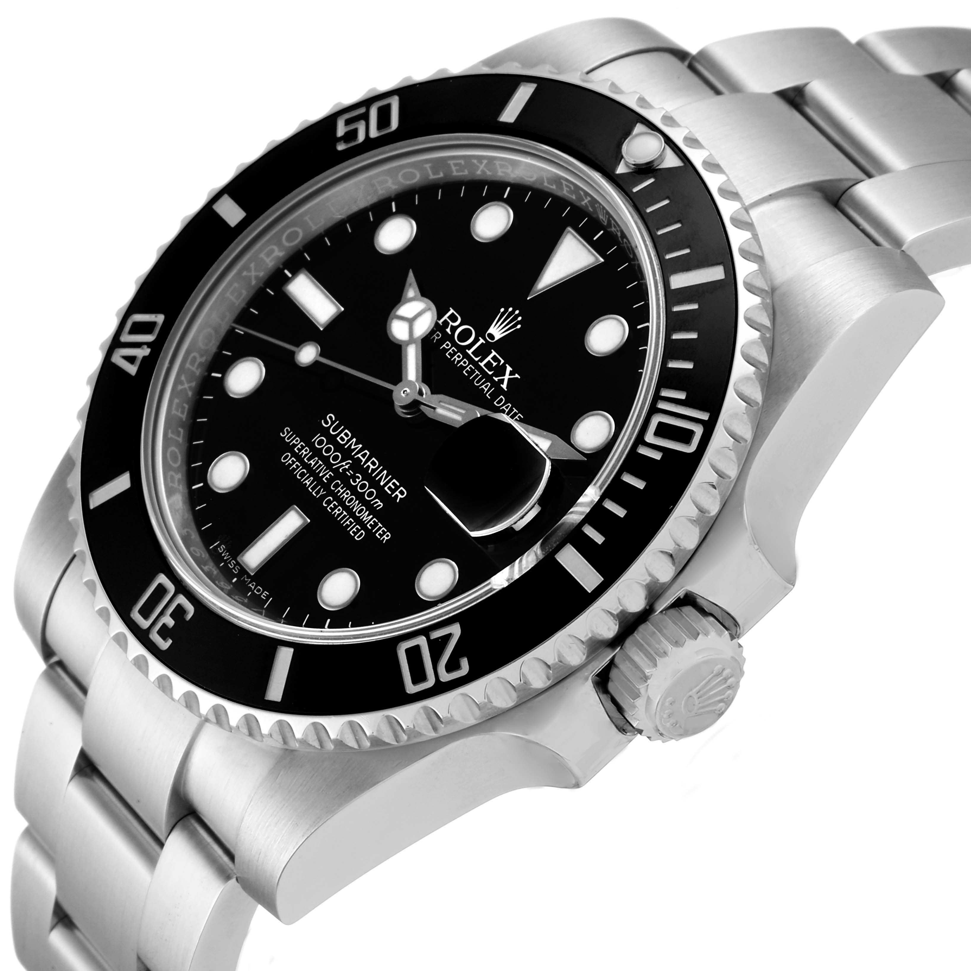 The image shows a close-up angle of the Rolex Submariner 116610LN Men's Stainless Steel Black Dial 116610LN Men's Stainless Steel Black Dial, highlighting its bezel, dial, crown, and part of the bracelet.