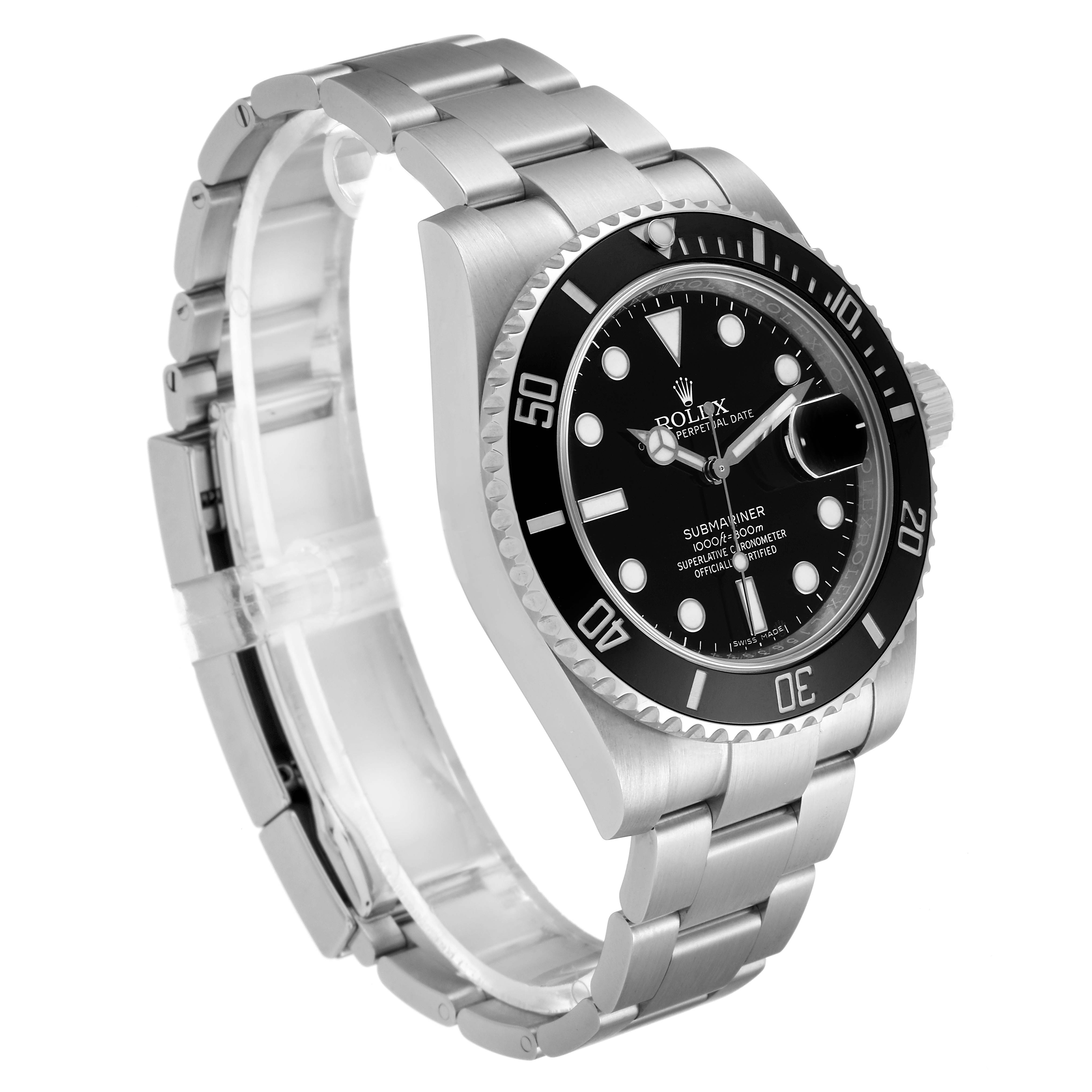 This image shows a Rolex Submariner 116610LN Men's Stainless Steel Black Dial 116610LN Men's Stainless Steel Black Dial watch at a left-side angle, displaying the bracelet, bezel, and face.
