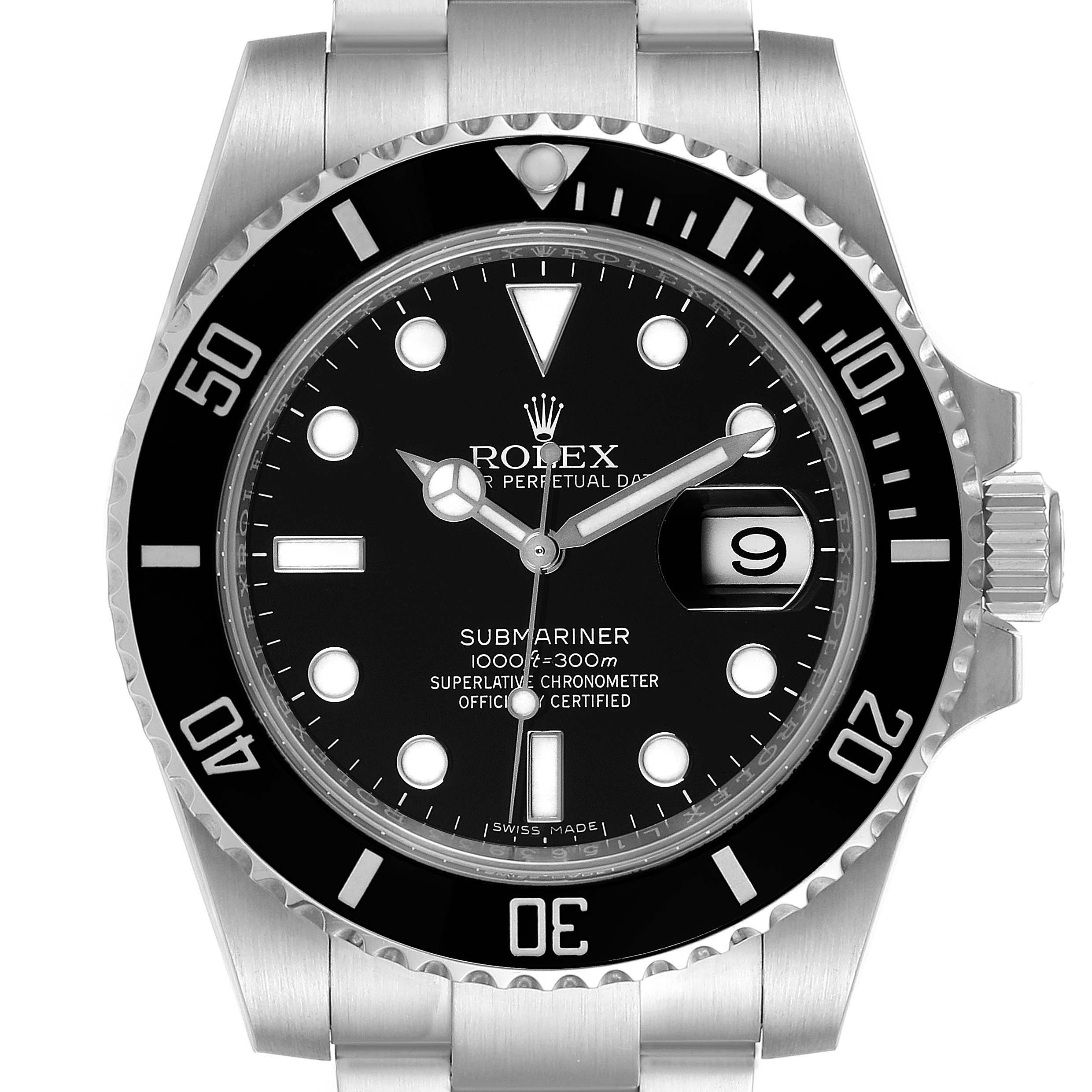 The image shows a front view of a Rolex Submariner 116610LN Men's Stainless Steel Black Dial 116610LN Men's Stainless Steel Black Dial watch, displaying its dial, bezel, and part of its bracelet.