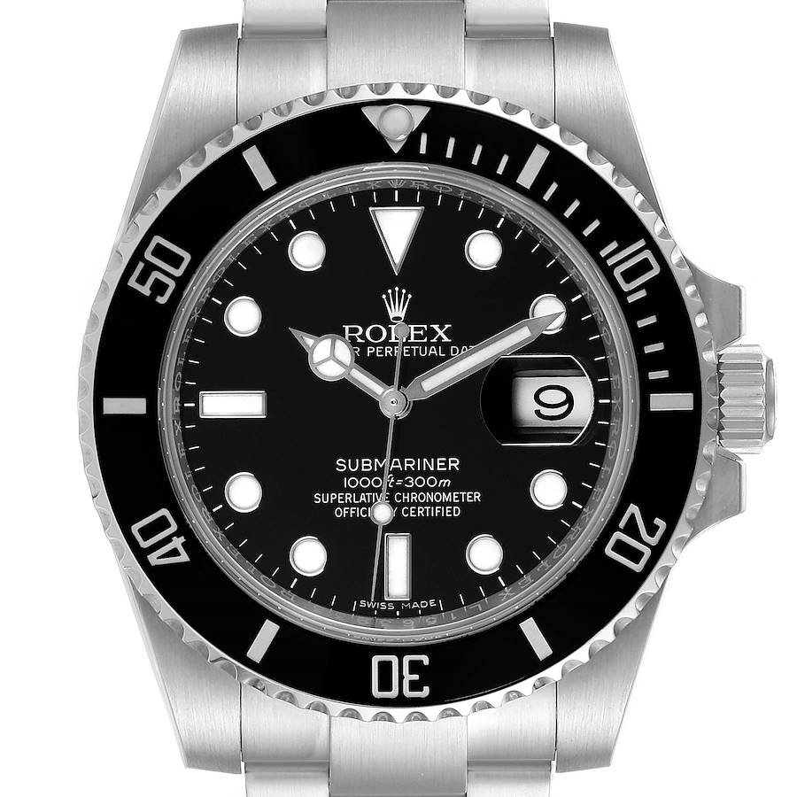 The image shows a front view of a Rolex Submariner 116610LN Men's Stainless Steel Black Dial 116610LN Men's Stainless Steel Black Dial watch, displaying its dial, bezel, and part of its bracelet.