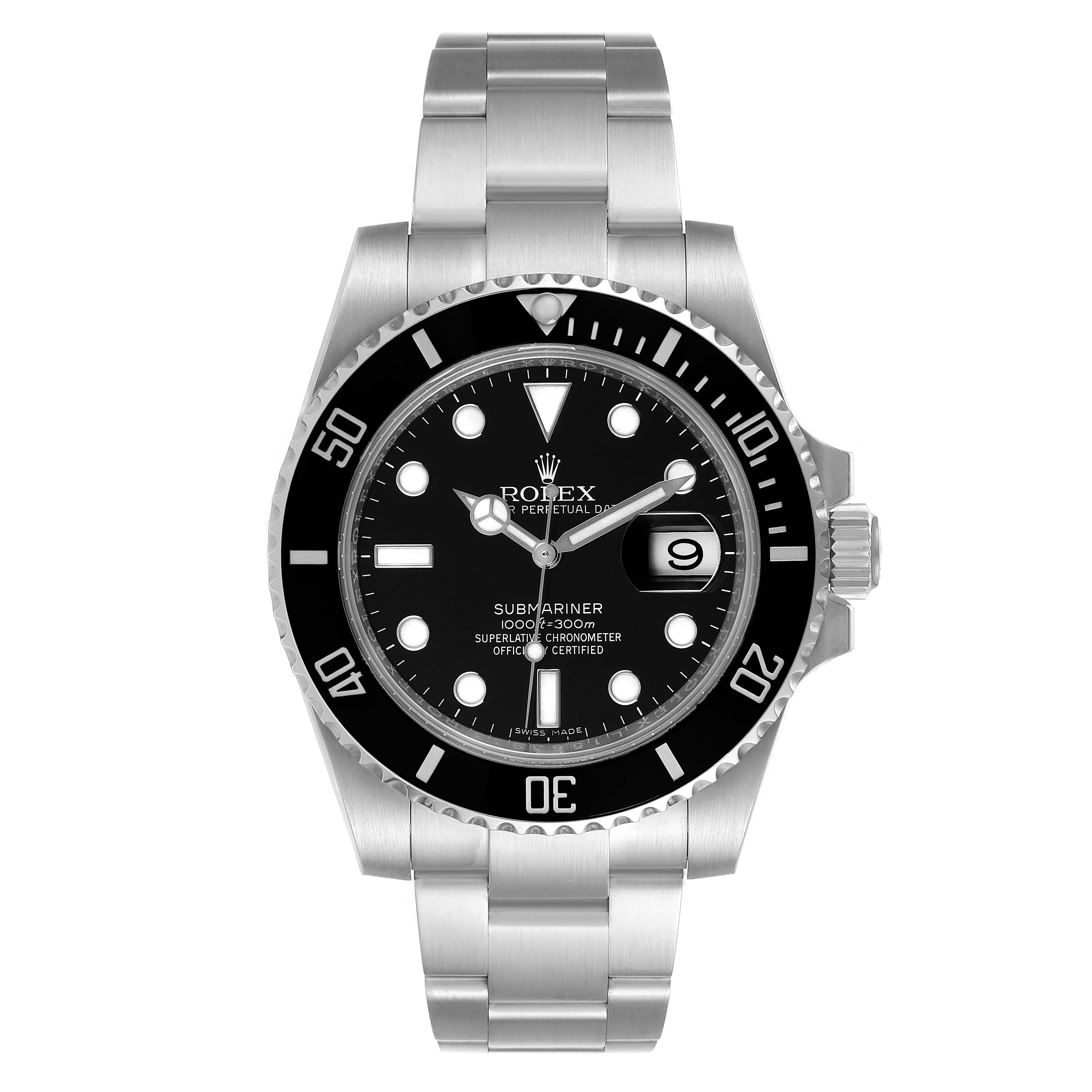 The image shows a frontal view of a Rolex Submariner 116610LN Men's Stainless Steel Black Dial 116610LN Men's Stainless Steel Black Dial watch, displaying the dial, bezel, bracelet, and crown.