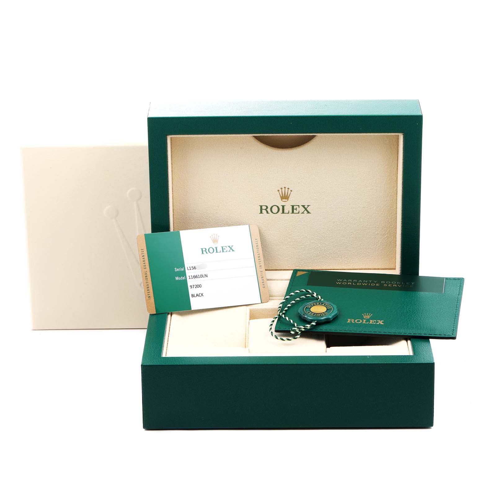 The image shows the packaging, warranty card, booklet, and tag for a Rolex Submariner 116610LN Men's Stainless Steel Black Dial 116610LN Men's Stainless Steel Black Dial model watch.