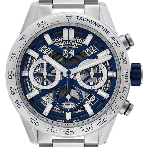 The image shows a front view of a TAG Heuer Carrera watch, highlighting the face, dials, and tachymeter scale.