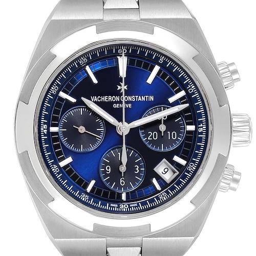 This image shows a Vacheron Constantin Overseas 5500V/110A-B148 Men's Stainless Steel Blue Dial 5500V/110A-B148 Men's Stainless Steel Blue Dial watch from a front angle, highlighting the dial, sub-dials, and bezel.