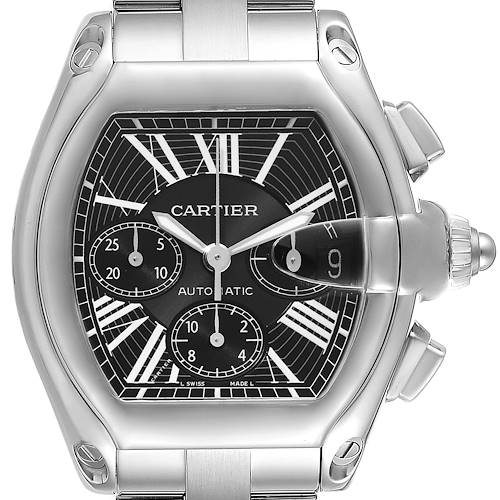 This image shows a front view of the Cartier Roadster W62020X6 Men's Stainless Steel Black Dial W62020X6 Men's Stainless Steel Black Dial watch, displaying its face, dial, and part of its bracelet.