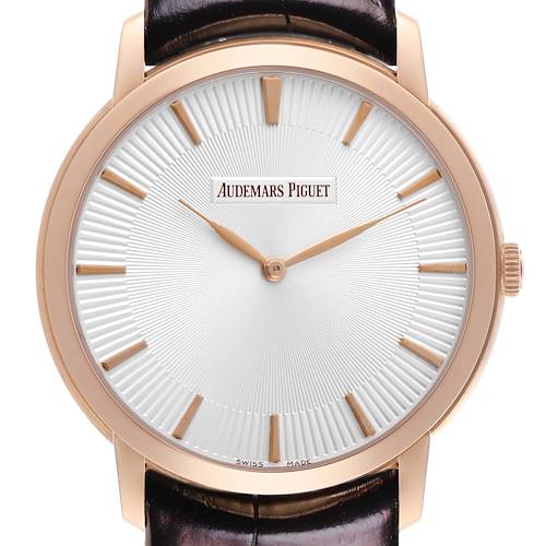 The Audemars Piguet Jules 15180OR.OO.A102CR.01 Men's Rose Gold Silver Dial 15180OR.OO.A102CR.01 Men's Rose Gold Silver Dial watch is shown from the front, highlighting its white dial, rose gold case, and black leather strap.