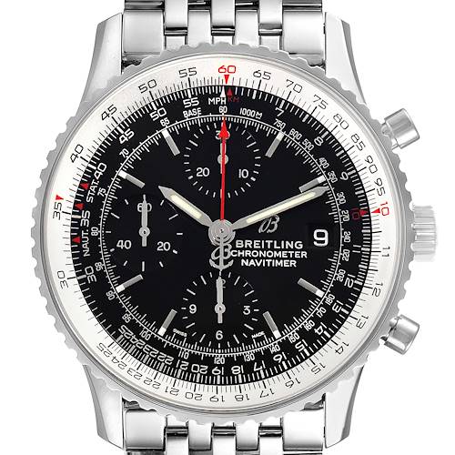 This Breitling Navitimer A13324 Men's Stainless Steel Black Dial A13324 Men's Stainless Steel Black Dial watch is shown from a front angle, displaying its dial, bezel, and stainless steel bracelet.