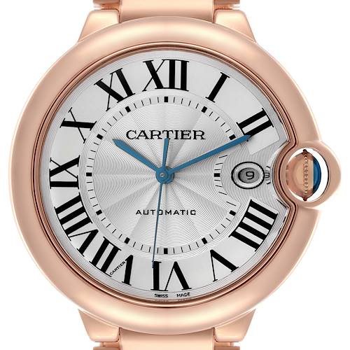 The Cartier Ballon Bleu WGBB0016 Men's Rose Gold Silver Dial WGBB0016 Men's Rose Gold Silver Dial watch is shown from the front, displaying its dial, Roman numerals, hands, and the distinctive crown.