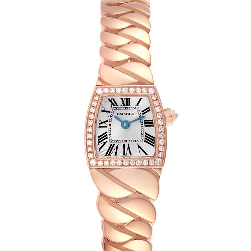 The Cartier La Dona WE60086I Women's Rose Gold Silver Dial WE60086I Women's Rose Gold Silver Dial watch is shown from the front, displaying the dial, Roman numerals, and decorative bracelet.