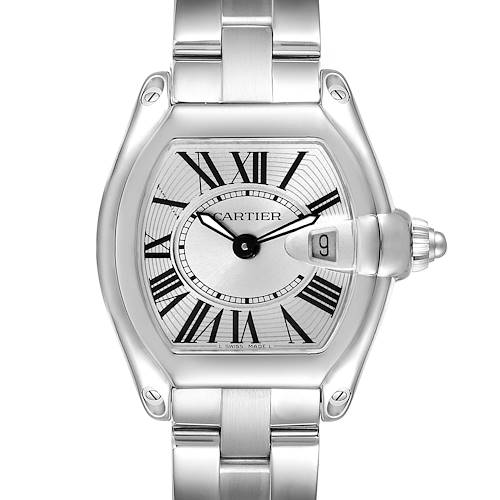 This image shows a full frontal view of the Cartier Roadster W62016V3 Women's Stainless Steel Silver Dial W62016V3 Women's Stainless Steel Silver Dial watch, highlighting the face, bezel, and partial bracelet.