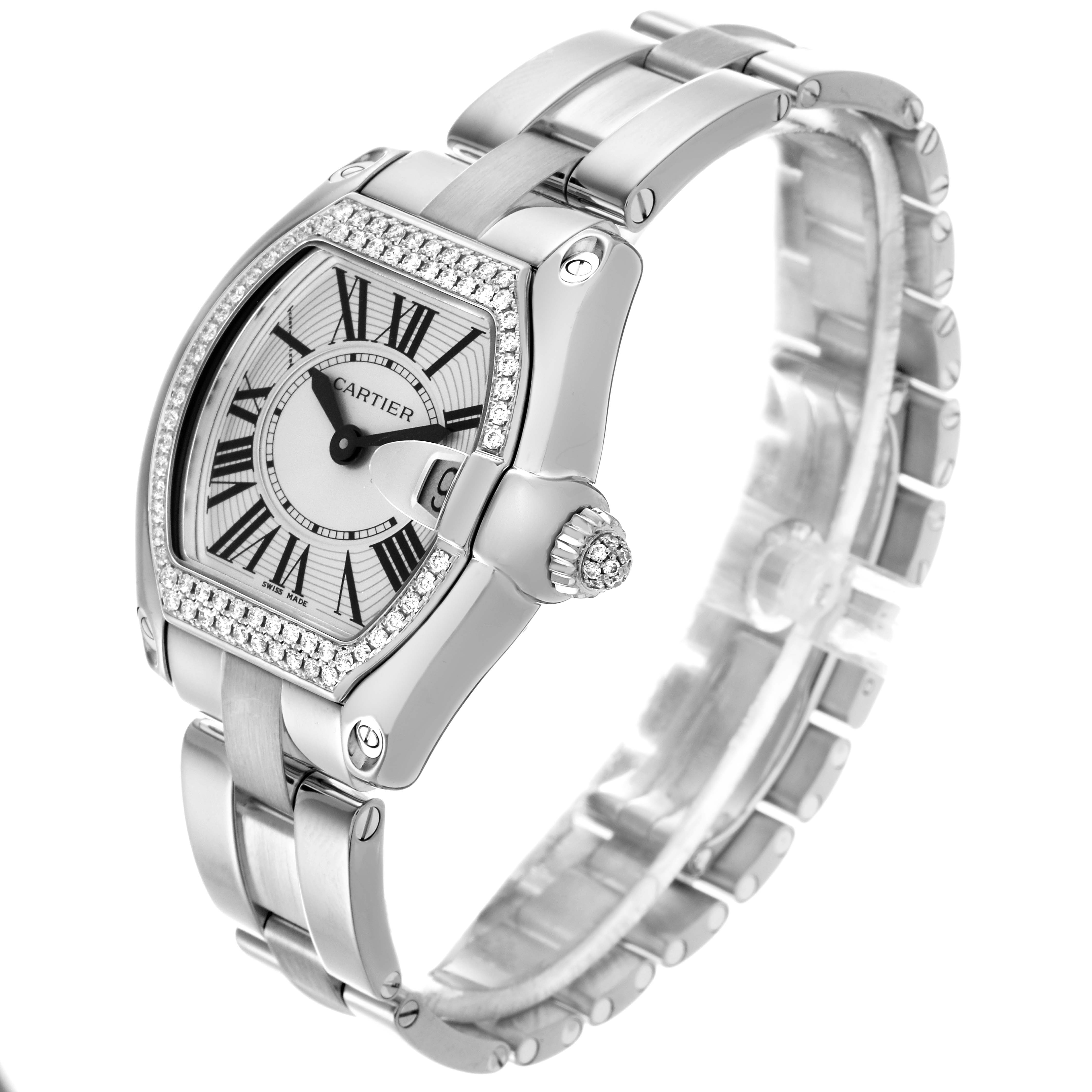 The Cartier Roadster WE5002X2 Women's White Gold Silver Dial WE5002X2 Women's White Gold Silver Dial watch is shown at an angled view, highlighting the case, bracelet, bezel, and crown.