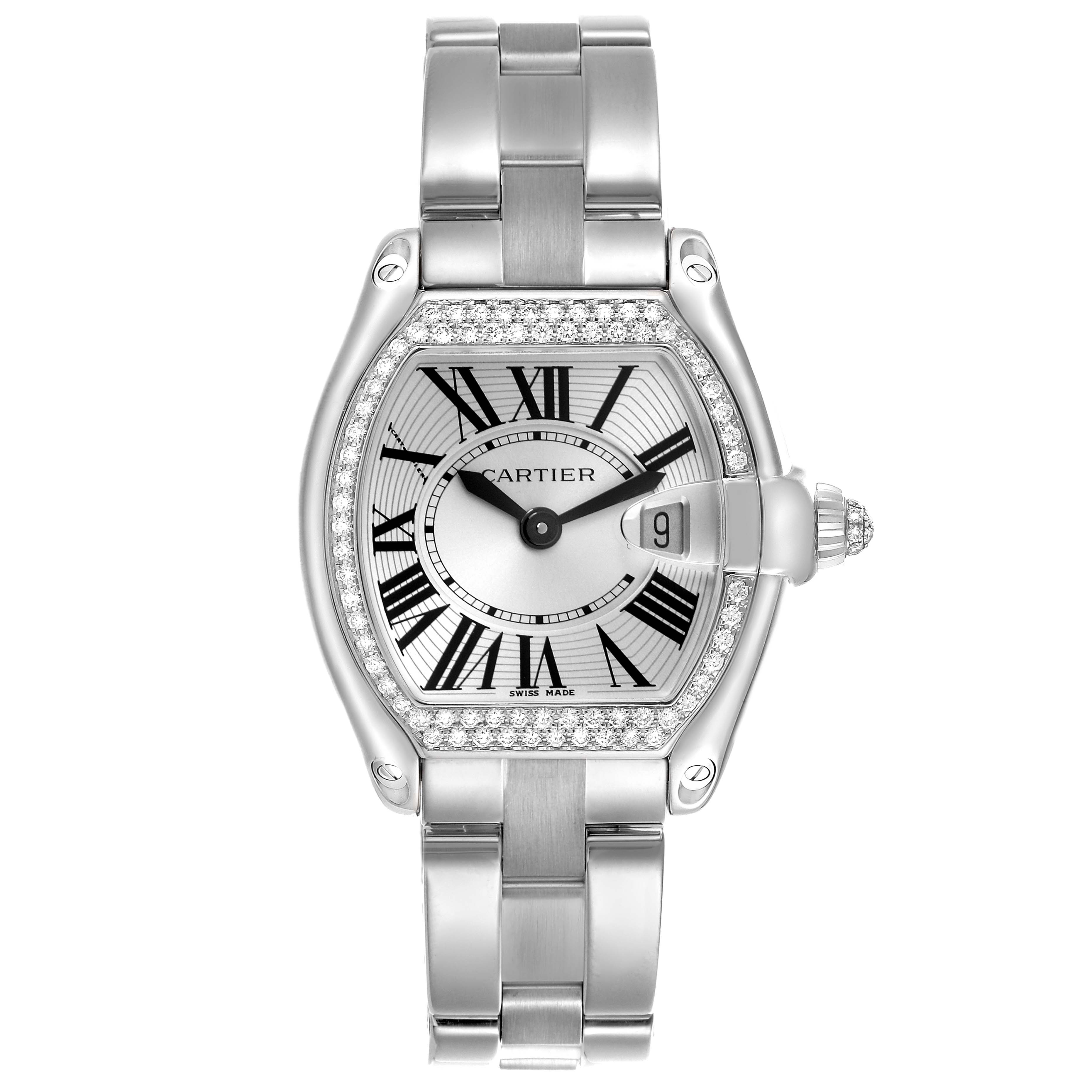 The Cartier Roadster WE5002X2 Women's White Gold Silver Dial WE5002X2 Women's White Gold Silver Dial watch is shown from a front angle, displaying the dial, bezel, crown, and bracelet.