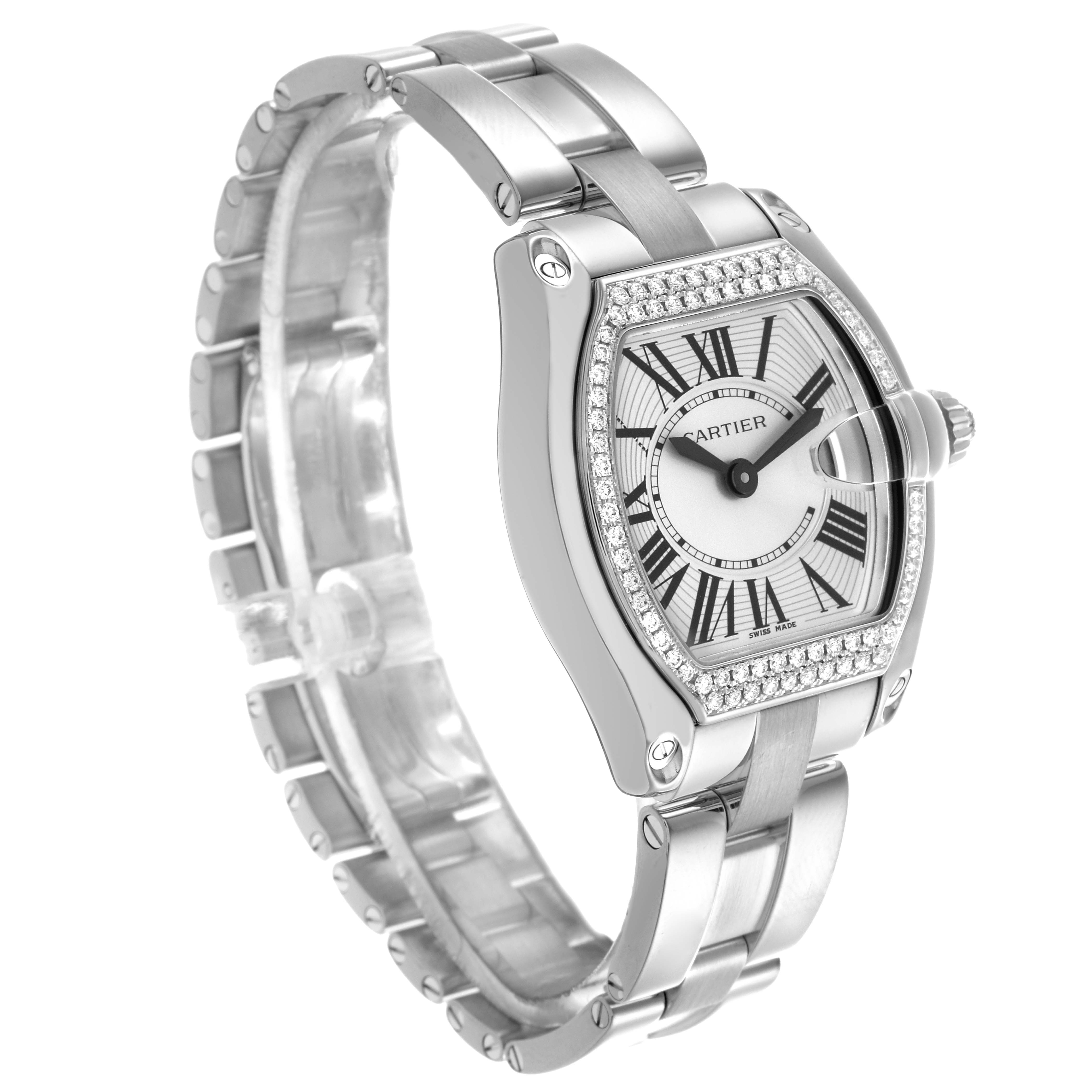 The Cartier Roadster WE5002X2 Women's White Gold Silver Dial WE5002X2 Women's White Gold Silver Dial watch is shown at a three-quarter angle, highlighting the bracelet and diamond-set bezel.