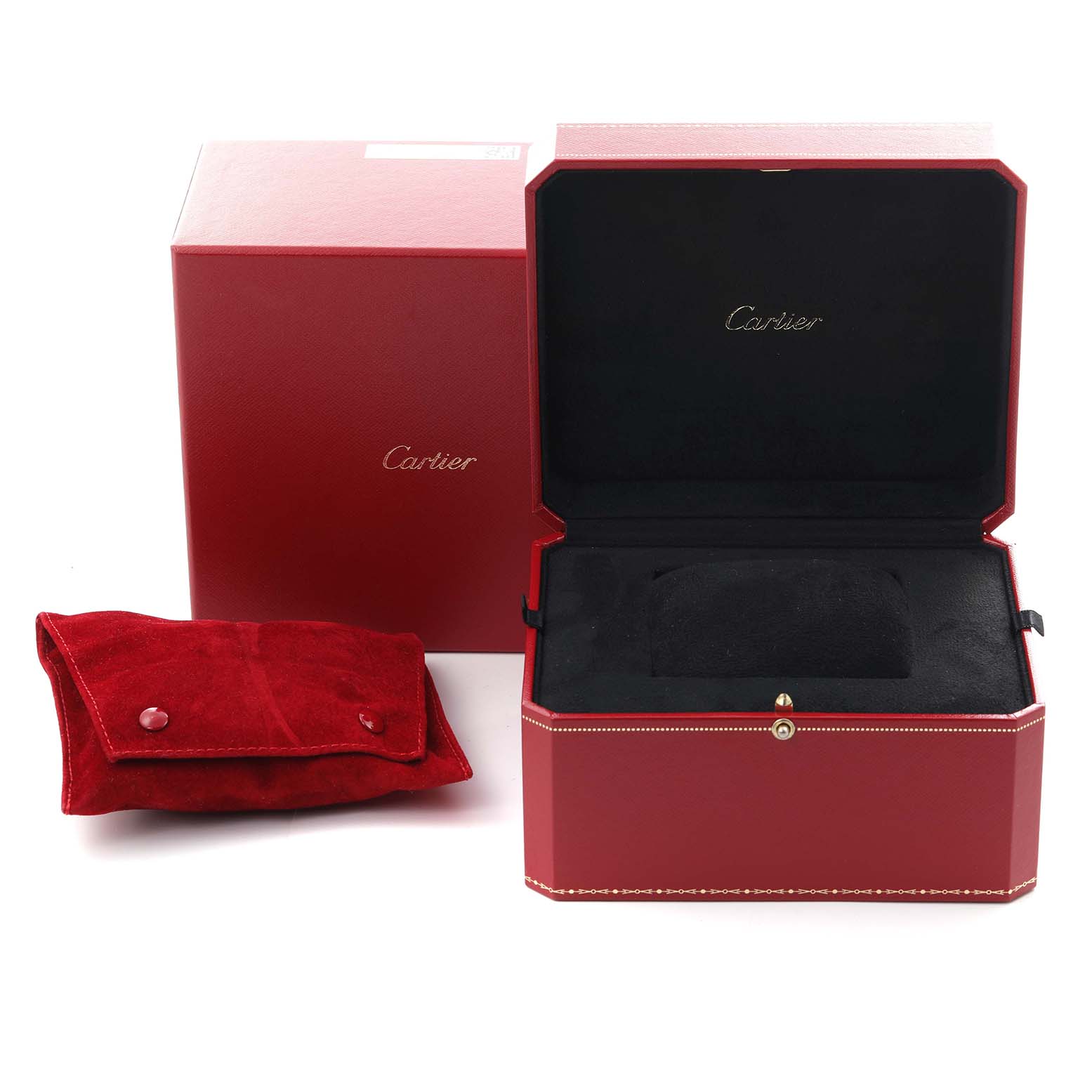 The image shows the packaging for a Cartier Roadster WE5002X2 Women's White Gold Silver Dial WE5002X2 Women's White Gold Silver Dial watch, including a red box and a matching suede pouch.
