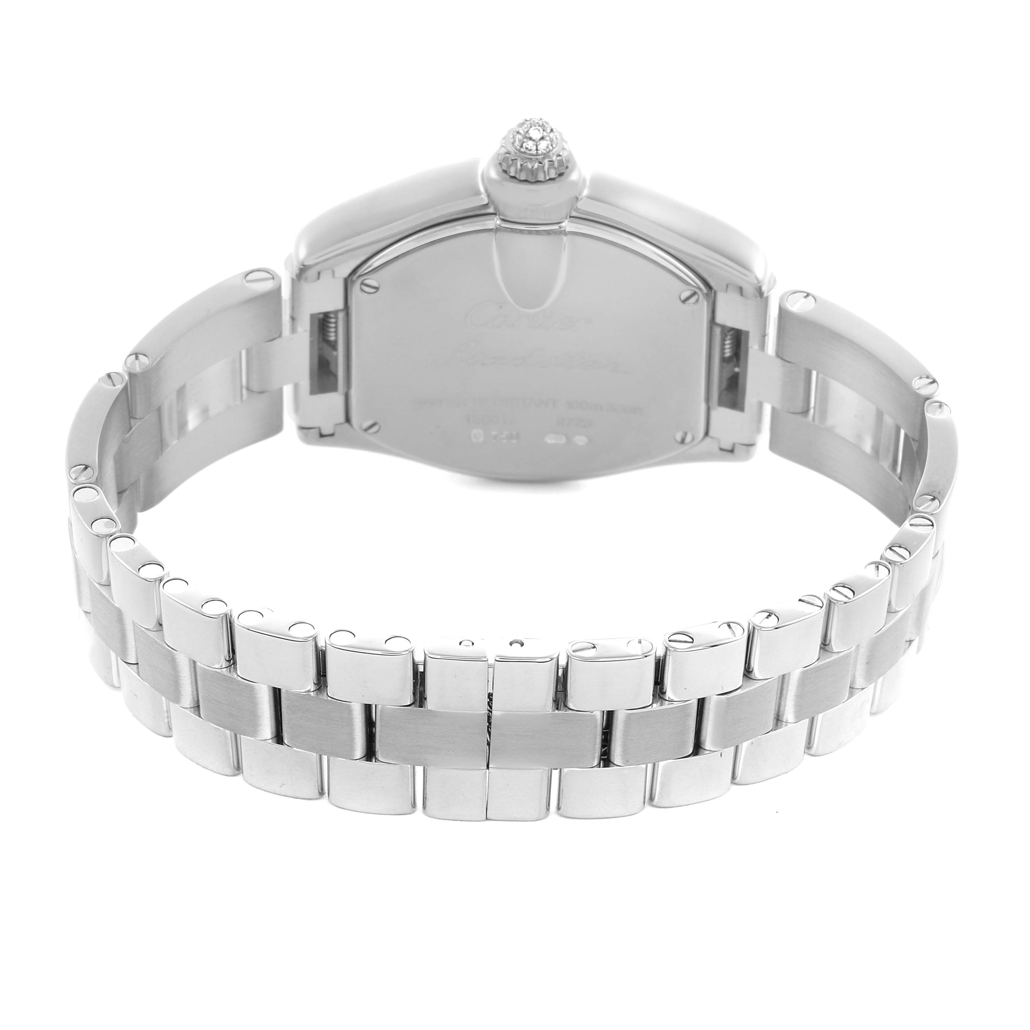 The Cartier Roadster WE5002X2 Women's White Gold Silver Dial WE5002X2 Women's White Gold Silver Dial watch is shown from the back, displaying its bracelet and case with a decorative crown.