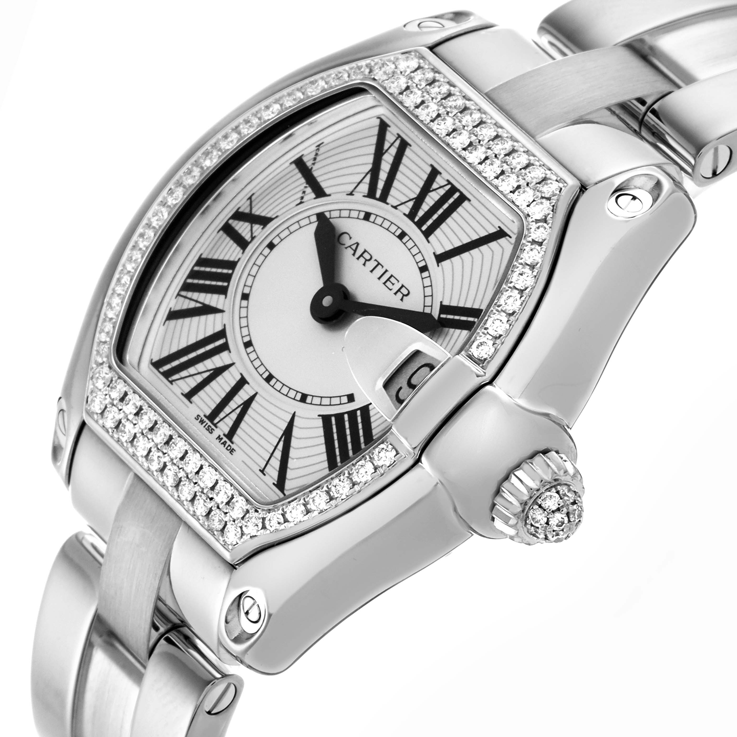 The Cartier Roadster WE5002X2 Women's White Gold Silver Dial WE5002X2 Women's White Gold Silver Dial watch is shown from an angled perspective, displaying the face, bezel, and crown with gemstone detailing.