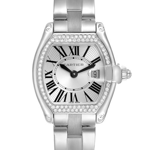 The Cartier Roadster WE5002X2 Women's White Gold Silver Dial WE5002X2 Women's White Gold Silver Dial watch is shown from a top view, displaying its dial, crown, and top of the bracelet.