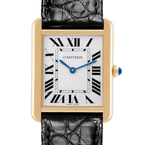 The Cartier Tank Solo W5200004 Men's Steel and Gold (two tone) Silver Dial W5200004 Men's Steel and Gold (two tone) Silver Dial watch is shown from the front, displaying its rectangular case, Roman numerals, and leather strap.