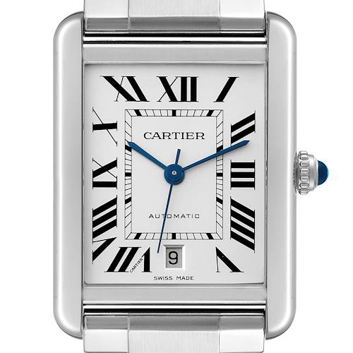 The image shows a front view of the Cartier Tank Solo W5200028 Men's Stainless Steel Silver Dial W5200028 Men's Stainless Steel Silver Dial watch, displaying its dial, Roman numerals, blue hands, and date window.