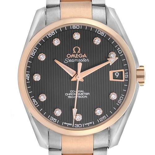 The Omega Aqua Terra 231.20.39.21.51.002 Men's Steel and Gold (two tone) Grey Dial 231.20.39.21.51.002 Men's Steel and Gold (two tone) Grey Dial watch is shown from the front, displaying the face, hands, indices, and bracelet.