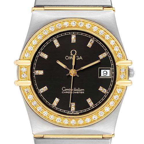 This image shows the face of an Omega Constellation  Men's Steel and Gold (two tone) Black Dial  Men's Steel and Gold (two tone) Black Dial watch, including the dial, hands, date window, and diamond-set bezel.