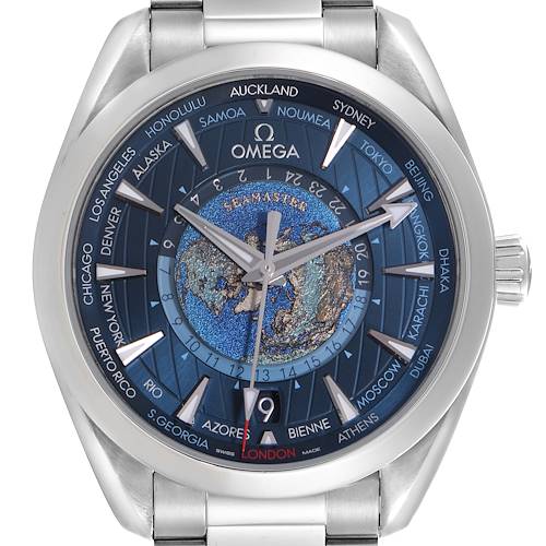 The Omega Aqua Terra 220.10.43.22.03.001 Men's Stainless Steel Blue Dial 220.10.43.22.03.001 Men's Stainless Steel Blue Dial watch is shown from the front, displaying the dial with world cities and a map design.