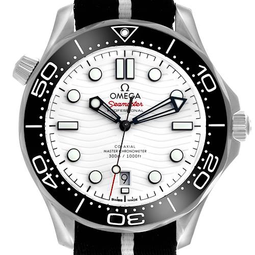 The image shows a front view of an Omega Seamaster 210.32.42.20.04.001 Men's Stainless Steel White Dial 210.32.42.20.04.001 Men's Stainless Steel White Dial watch, highlighting the dial, hands, bezel, and crown.